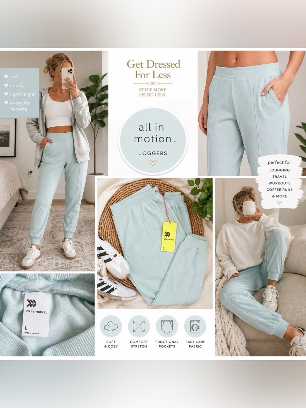 All In Motion Womens Joggers Large Light Aqua Blue Athleisure Sweatpants NWT